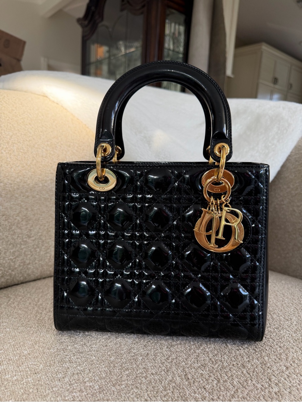 Dior Lady Dior Medium Black Patent Cannage Gold Hardware with Strap